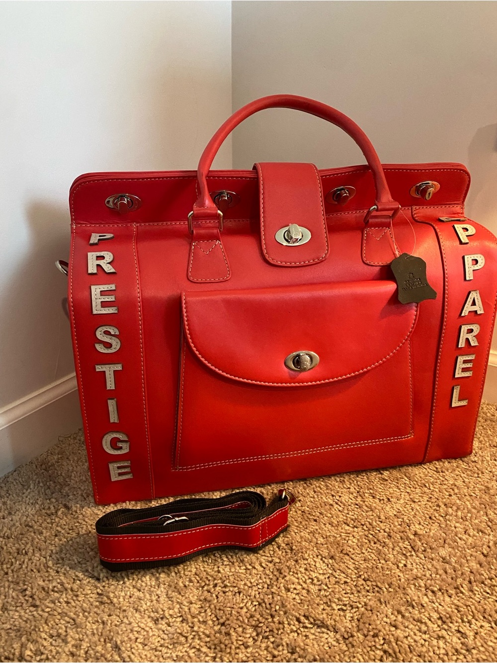 Red Top-Handle Travel Satchel with Removable Strap Genuine Leather